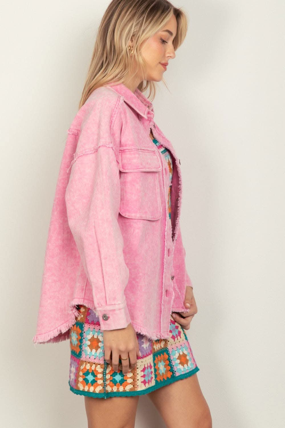VERY J Full Size Button Up Raw Hem Long Sleeve Jacket - Love Salve